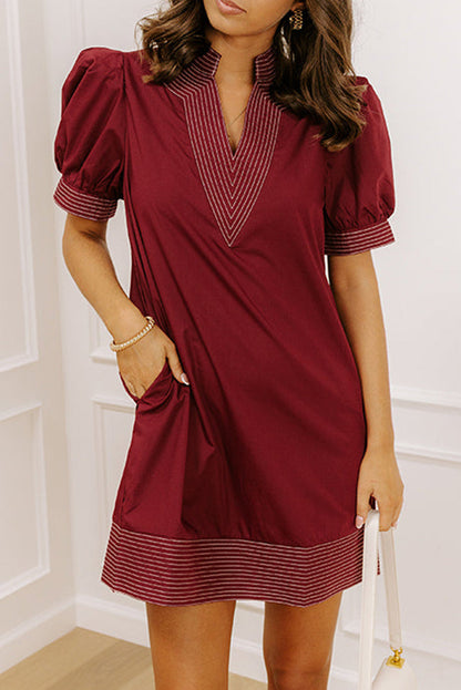 Burgundy Stitched Detail V Neck Short Puff Sleeve Shift Mini Dress