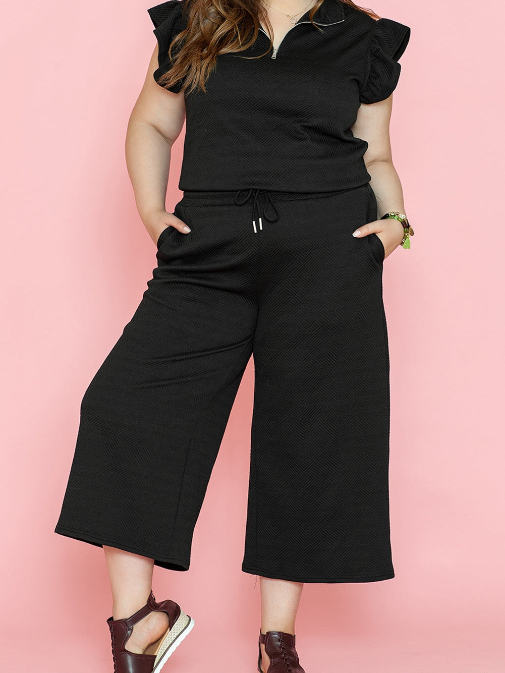 Chic Black Ruffle Sleeve Quarter Zip Top with Wide Leg Pants Set