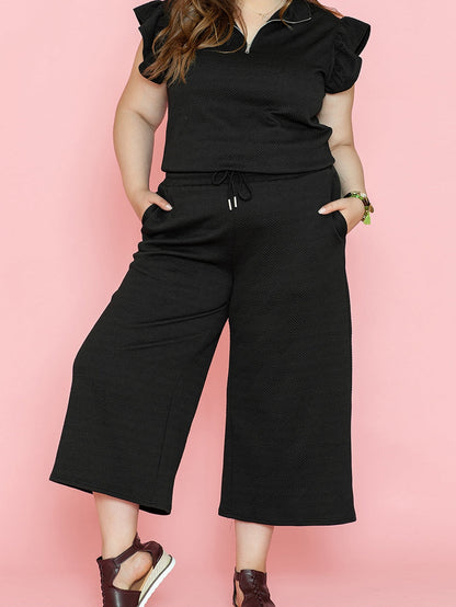 Chic Black Ruffle Sleeve Quarter Zip Top with Wide Leg Pants Set