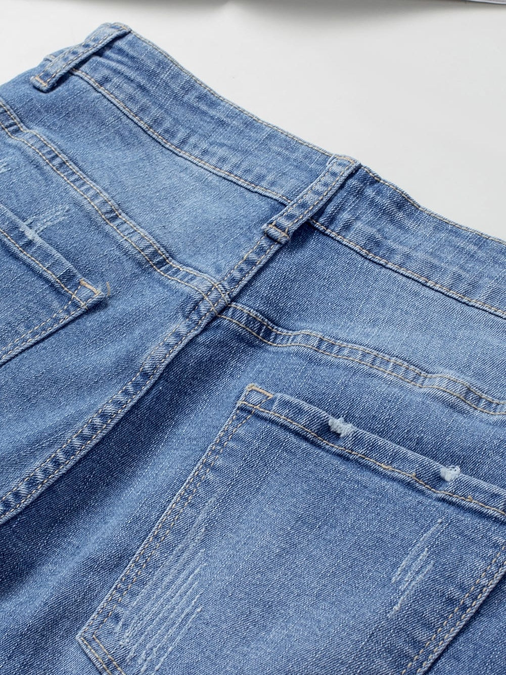 With Holes And Tassels Trendy Denim Straight Breasted Pants