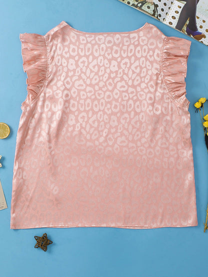 Pink Plus Size Leopard Print Ruffled Flutter Sleeve Satin Blouse