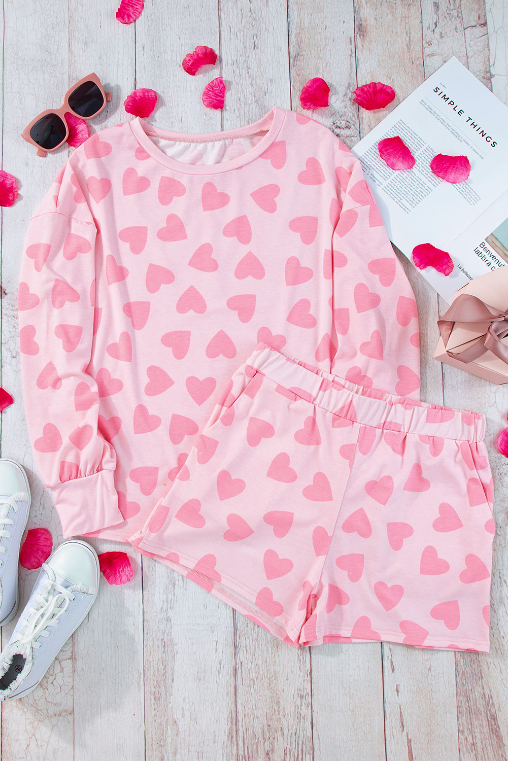 Heartfelt Pink Valentine's Day Lounge Set with Heart Print Top and Shorts