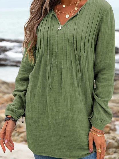 Green Textured V Neck Loose Top with Pleated Details