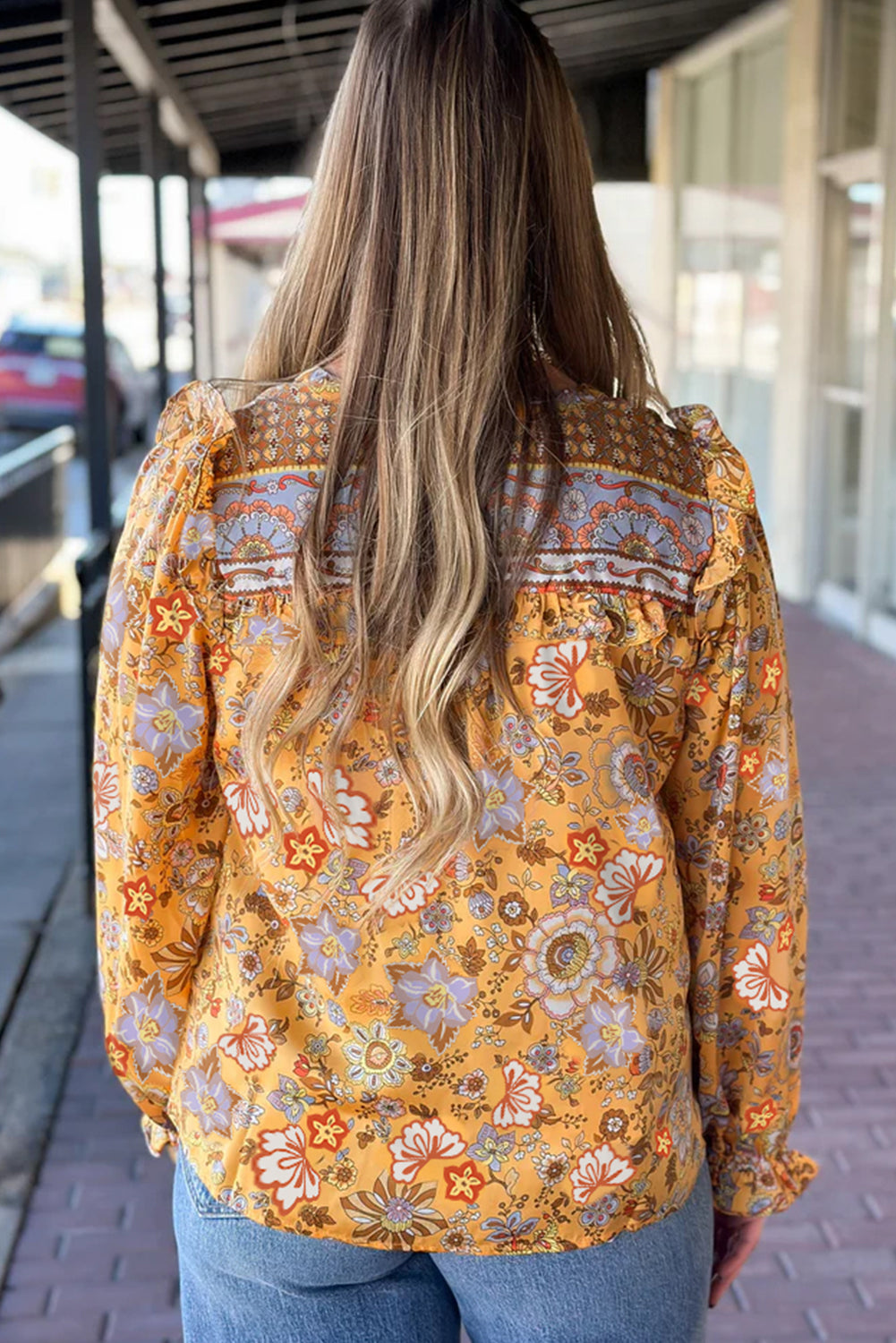 Yellow Floral Print Tie Notched Neck Long Sleeve Blouse