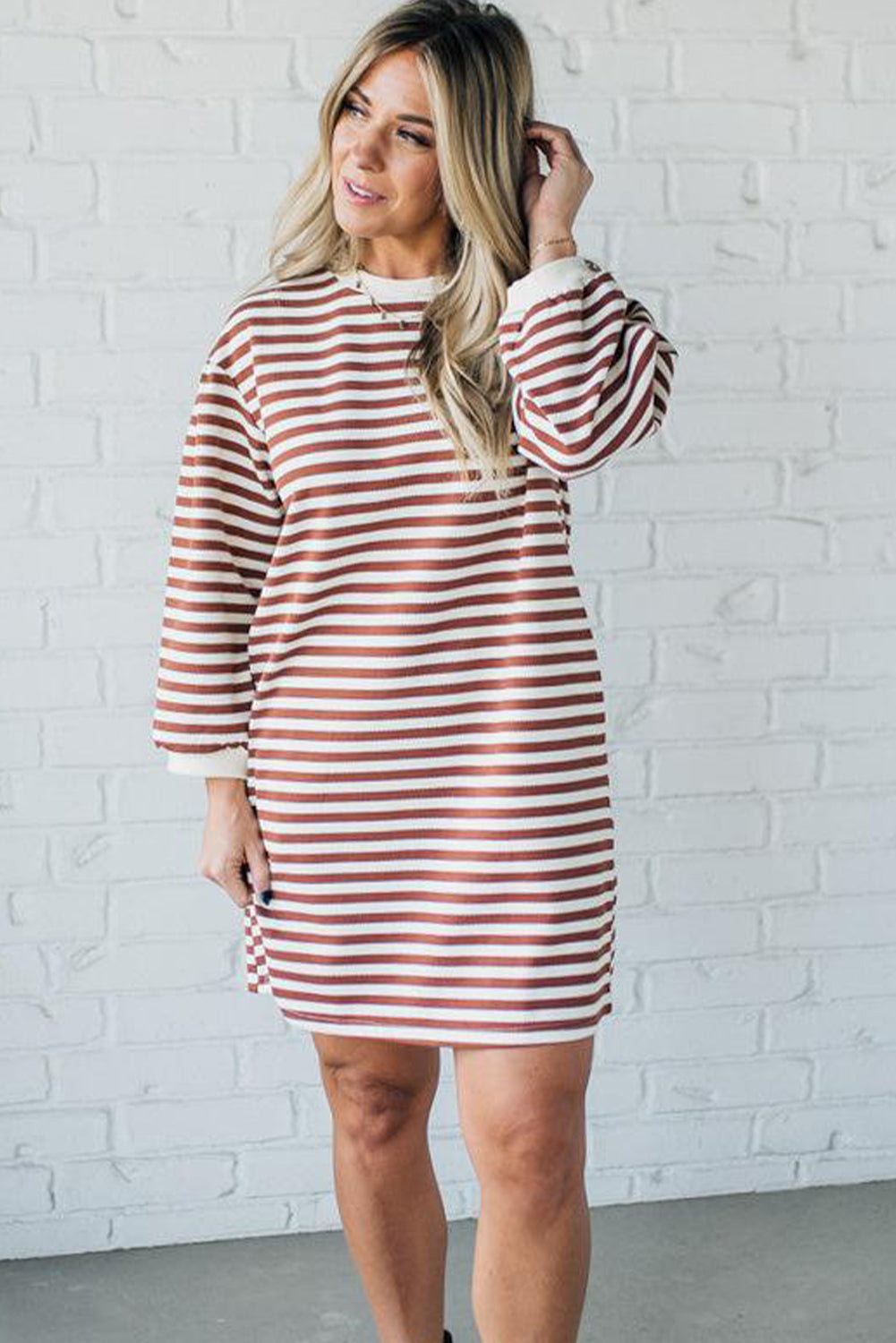 Brown Stripe Puffy Bracelet Sleeve Shift Mini T Shirt Dress