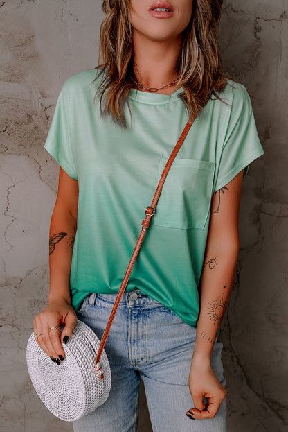 Green Striped Short Sleeve T-Shirt with Pocket and Gradient Color Detail