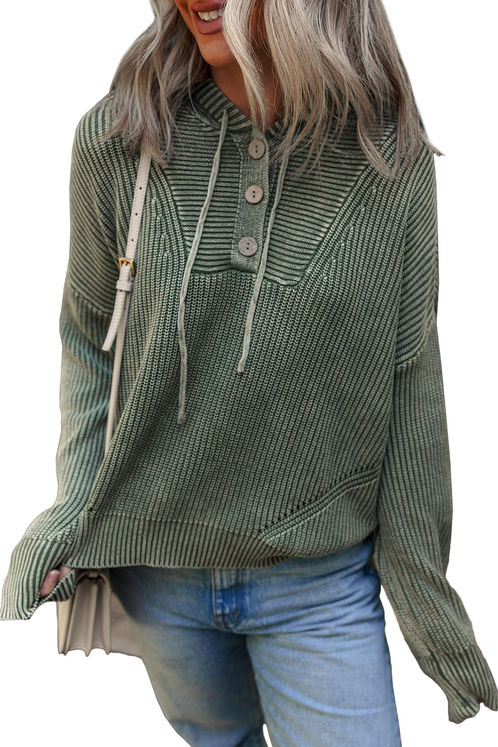 Mist Green Mineral Wash Ribbed Knit Button Drawstring Neck Hooded Sweater
