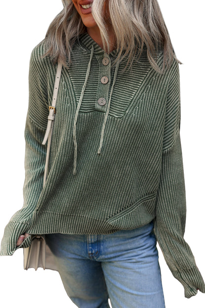 Mist Green Mineral Wash Ribbed Knit Button Drawstring Neck Hooded Sweater