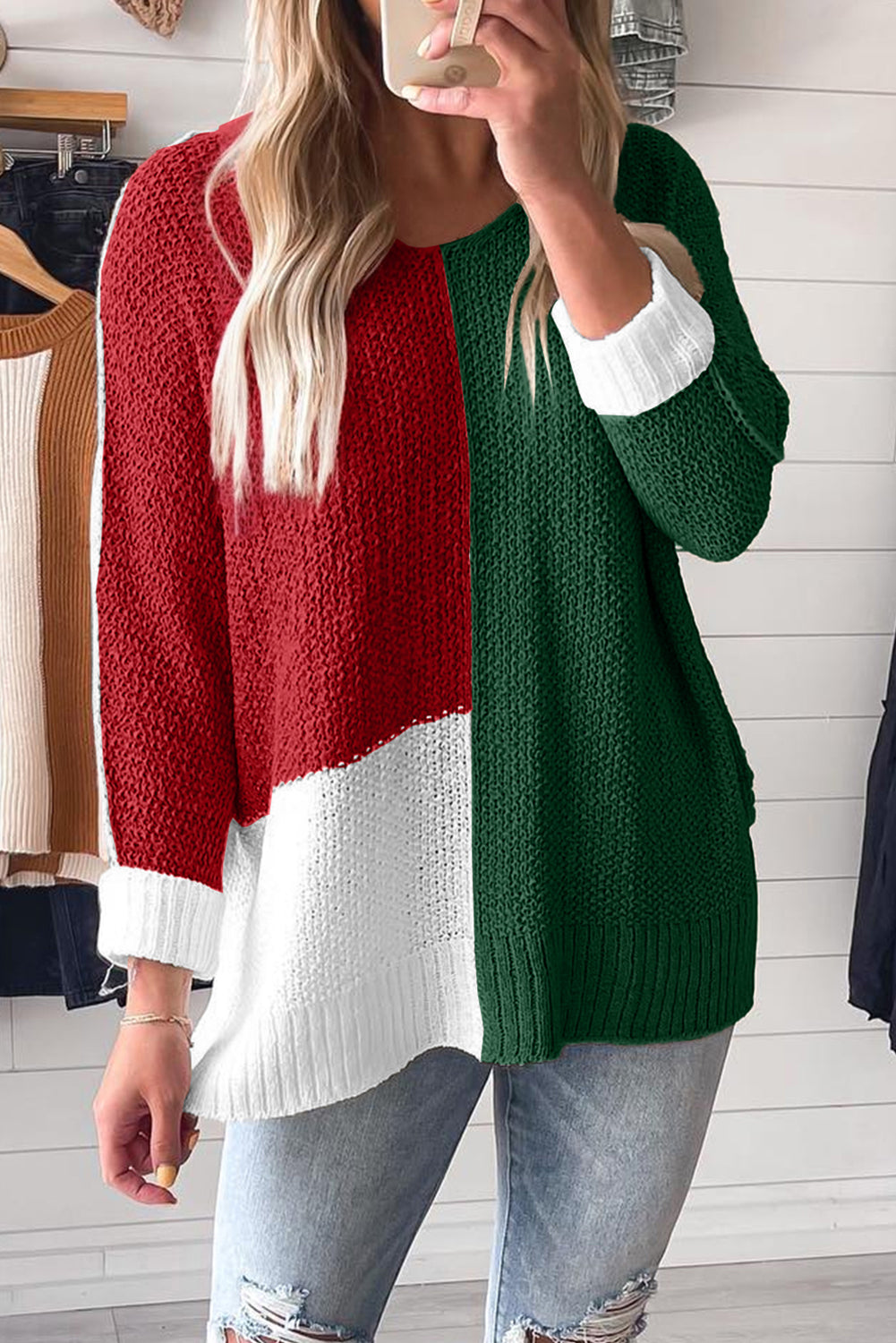 Evergreen Color Block Knit V Neck Loose Sweater