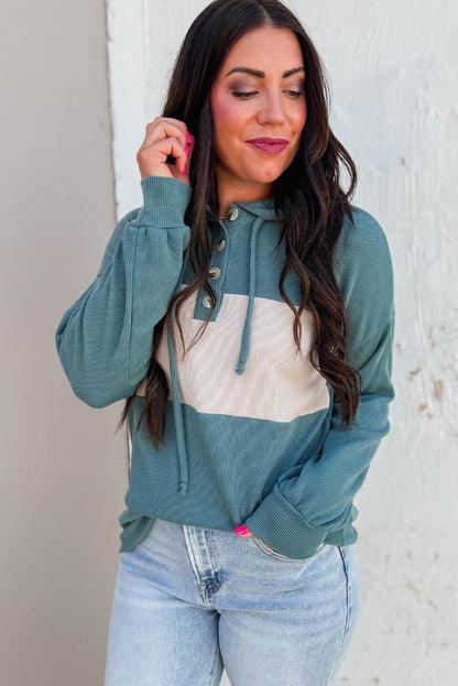 Canton Color Block Ribbed Knit Button Neck Drop Shoulder Hoodie
