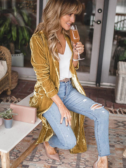 Golden Mustard Plush Open Front Pocketed Maxi Cardigan