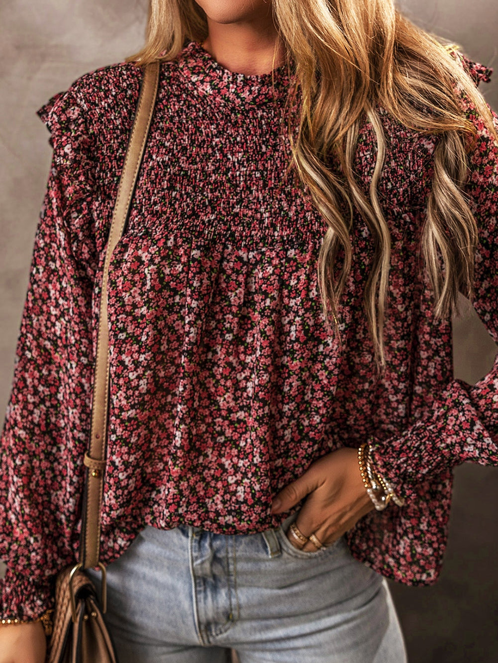 Fiery Red Floral Smocked Ruffle Long Sleeve Blouse for Women