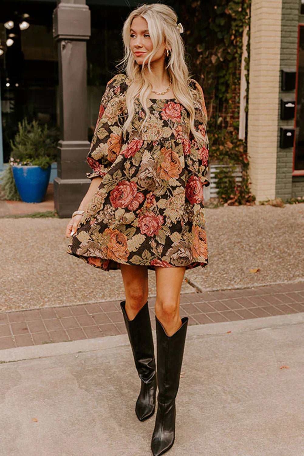 Brown Floral Jacquard Knit Square Neck 3/4 Puff Sleeve Loose Mini Dress