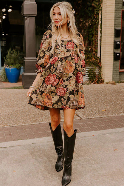 Brown Floral Jacquard Knit Square Neck 3/4 Puff Sleeve Loose Mini Dress