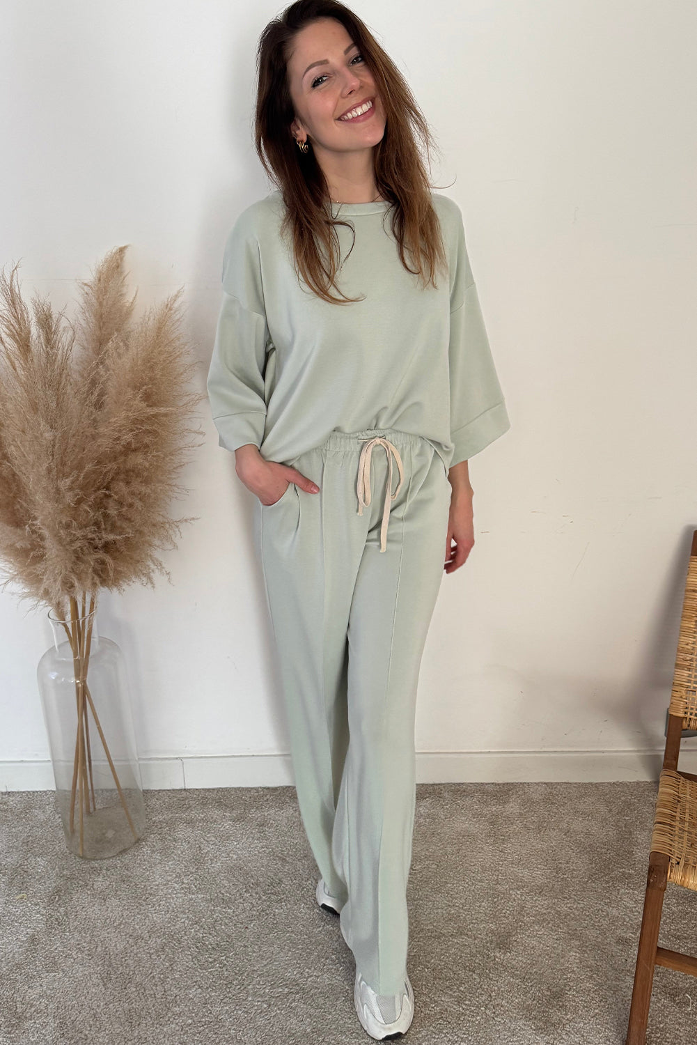 Clearly Aqua 2pcs Drop Shoulder Pullover Drawstring Pants Set