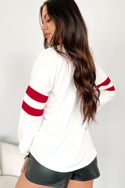 White Big Heart Sequin Patched Varsity Striped Long Sleeve Top