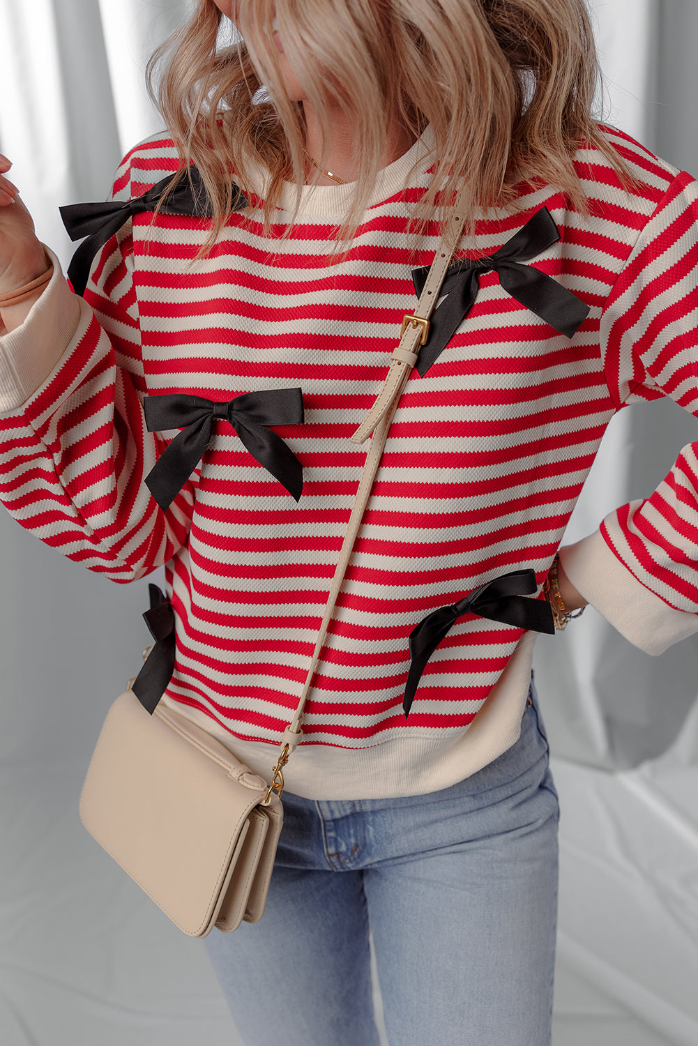 Red Stripe Contrast Ribbon Bow Detail Casual Sweater