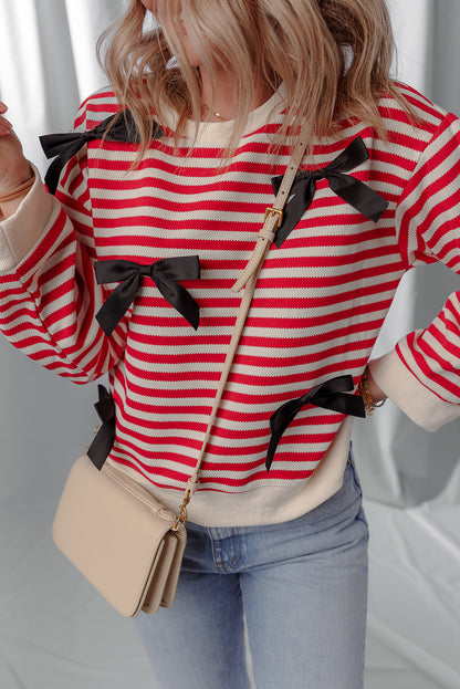 Red Stripe Contrast Ribbon Bow Detail Casual Sweater