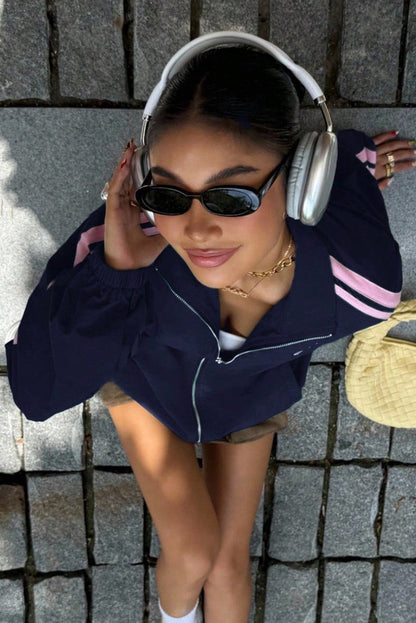 Dirty blue Bow Embroidered Detail Zip Up Sweatshirt Womens Jacket