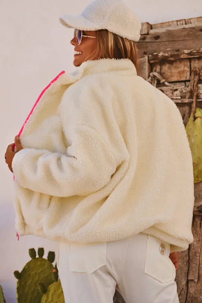 White Fuzzy Contrast Trim Full Zip Sherpa Jacket with Pockets