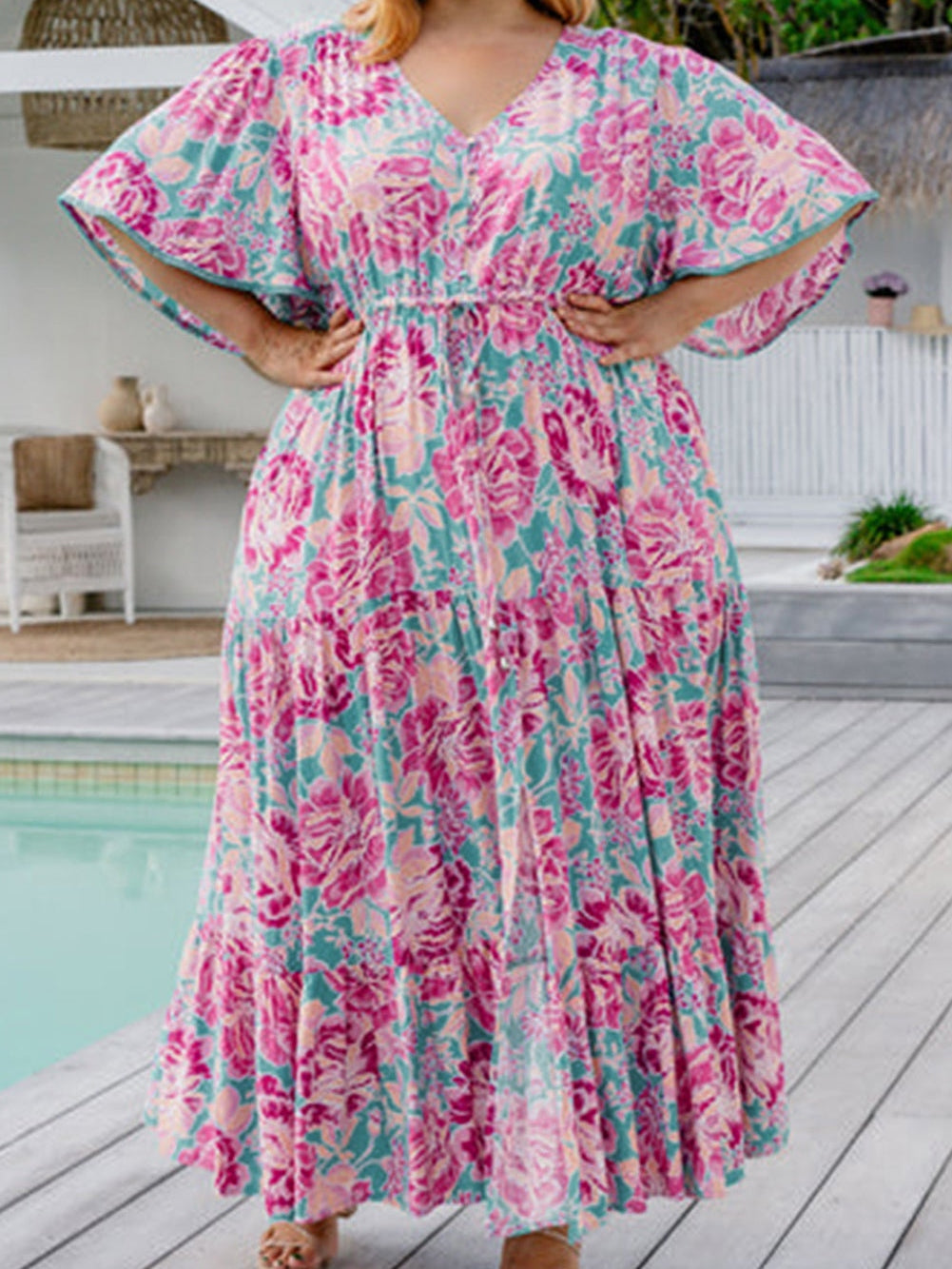 Elegant Purple Floral V Neck A-Line Maxi Dress with Ruffle Detail