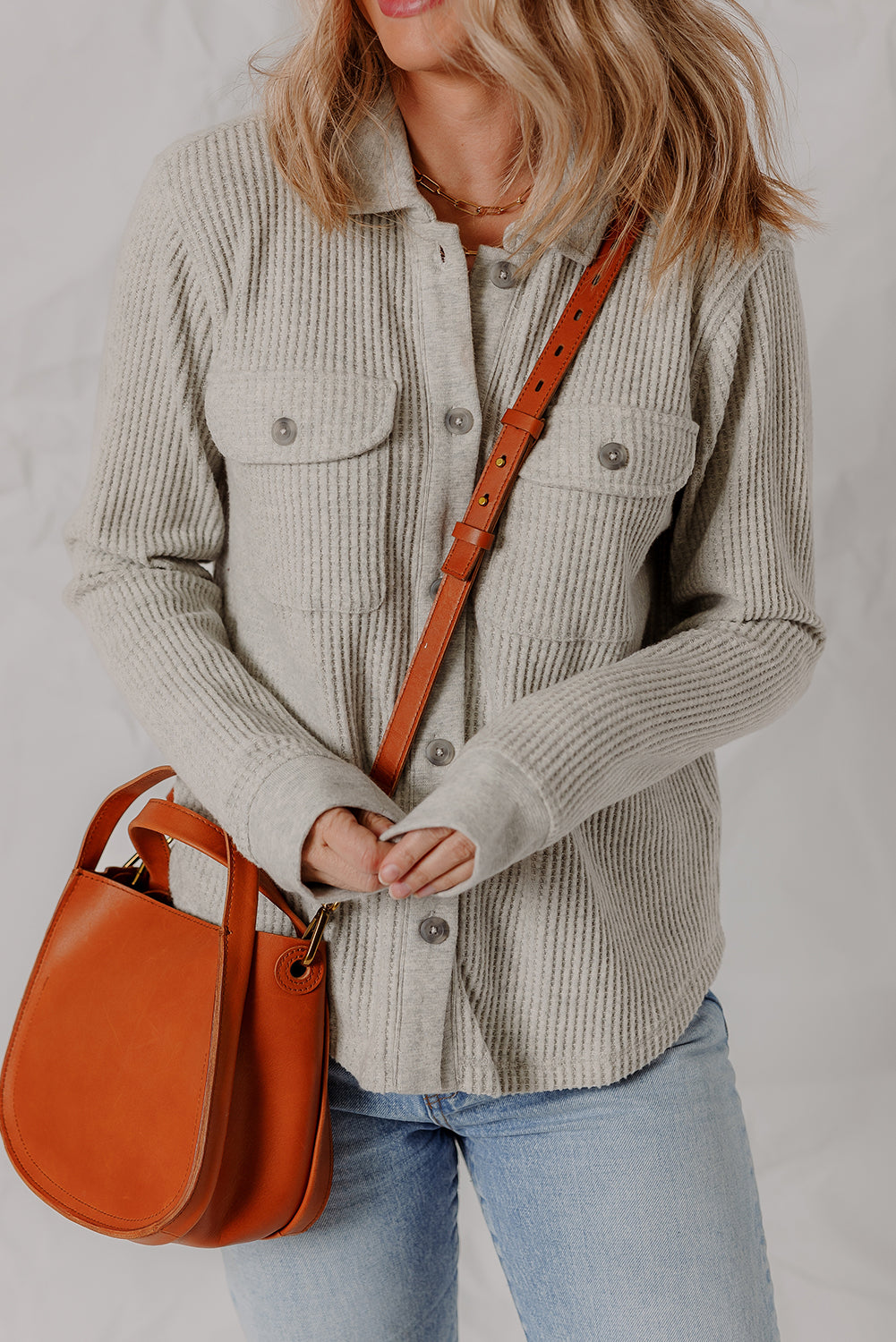 Light Grey Waffle Textured Chest Pocket Chic Shacket