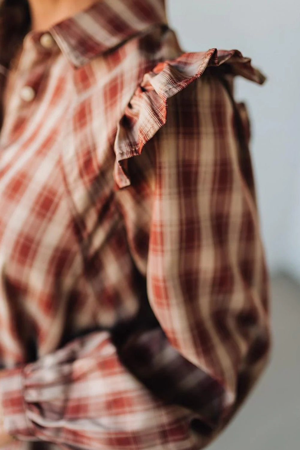 Red Plaid Print Ruffled Long Sleeve Patchwork Hem Mini Shirt Dress