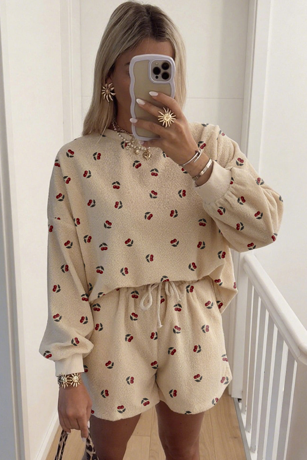 Oatmeal Cherry Print Oversize Top Drawstring Shorts 2pcs Sherpa Set