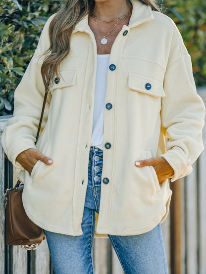 Beige Collared Button-Up Shirt Jacket