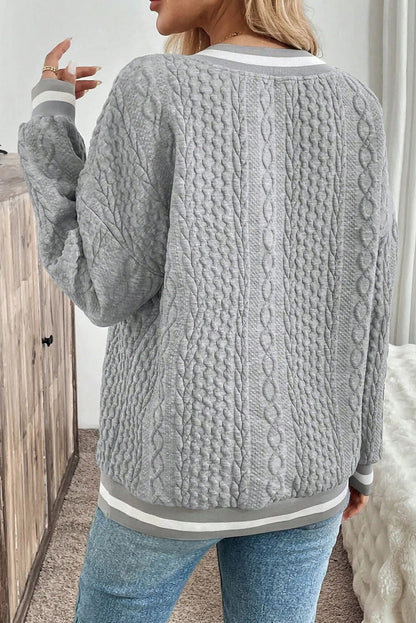 Gray Cable Textured Contrast Striped V Neck Drop Shoulder Sweatshirt