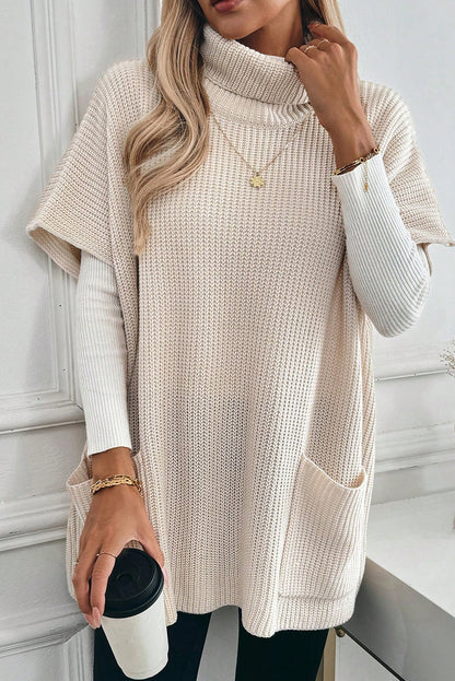 Jet Stream Plain Knit Casual Turtleneck Pocketed Short Sleeve Tunic Sweater