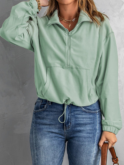 Green Zip Front Pullover Sweatshirt with Pockets