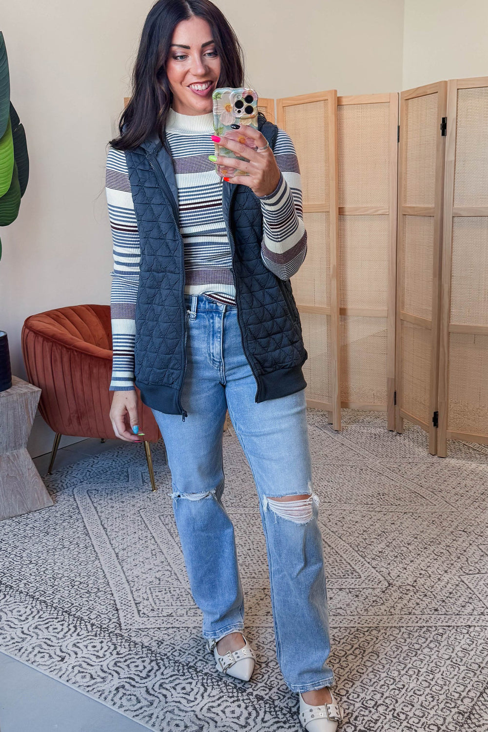 Dark Grey Quilted Texture Zip Up Hooded Vest