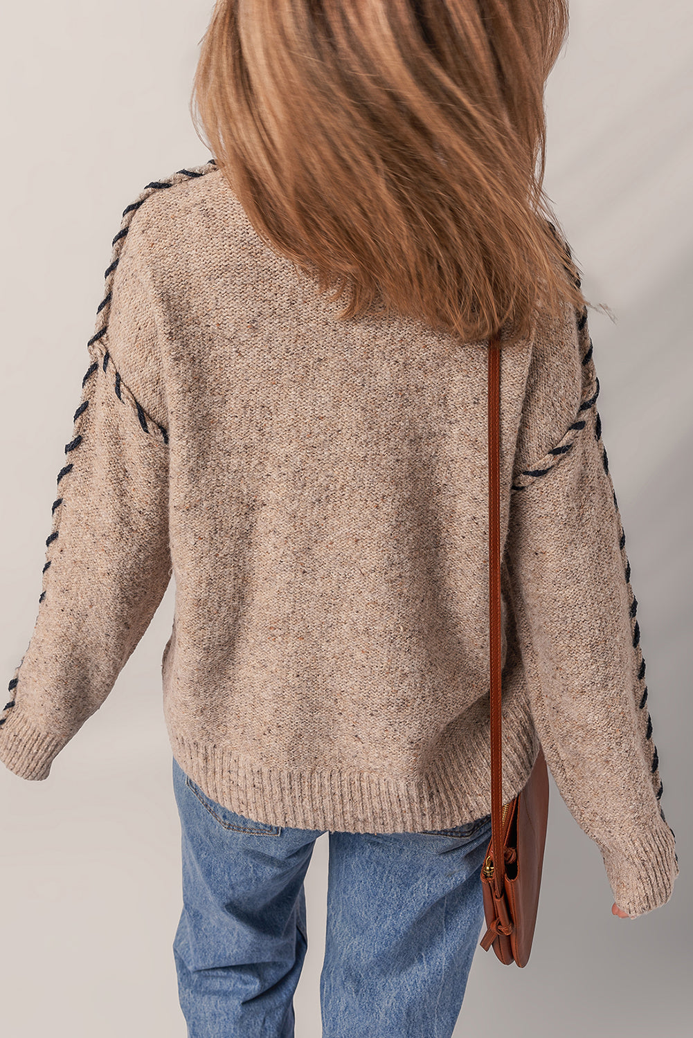 Smoke Gray Color Contrast Stitched Ribbed Edge Crew Neck Sweater