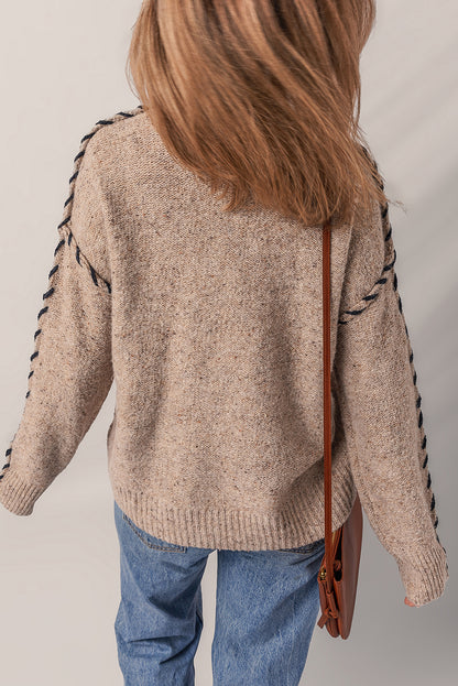 Smoke Gray Color Contrast Stitched Ribbed Edge Crew Neck Sweater