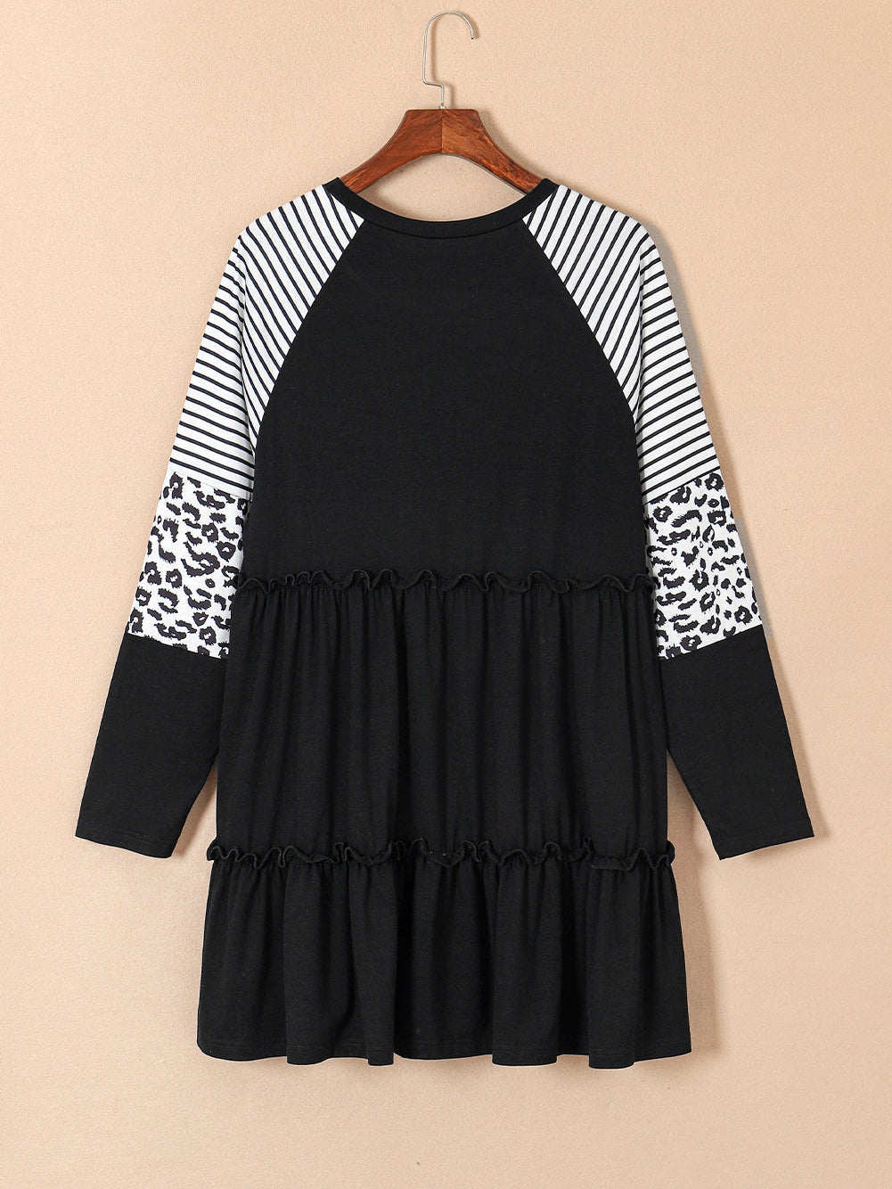 Black Plus Size Striped Leopard Patch Sleeve Ruffle Tiered Dress