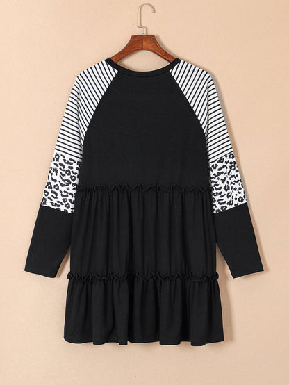 Black Plus Size Striped Leopard Patch Sleeve Ruffle Tiered Dress