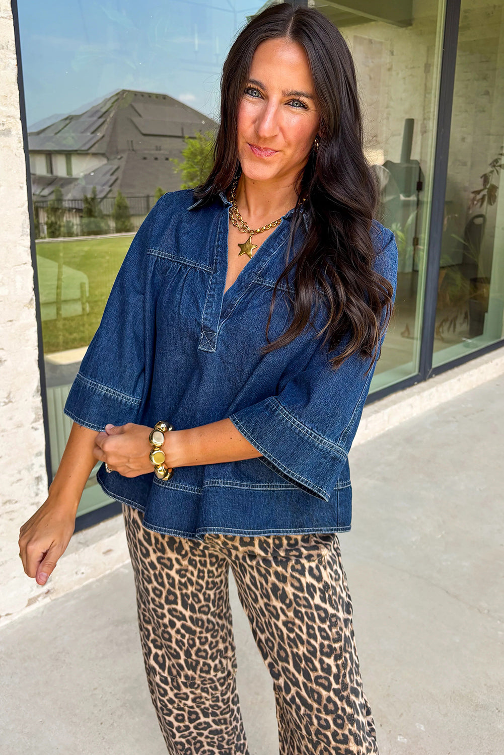 Sail Blue Polo Collar V Neck 3/4 Sleeve Loose Denim Top