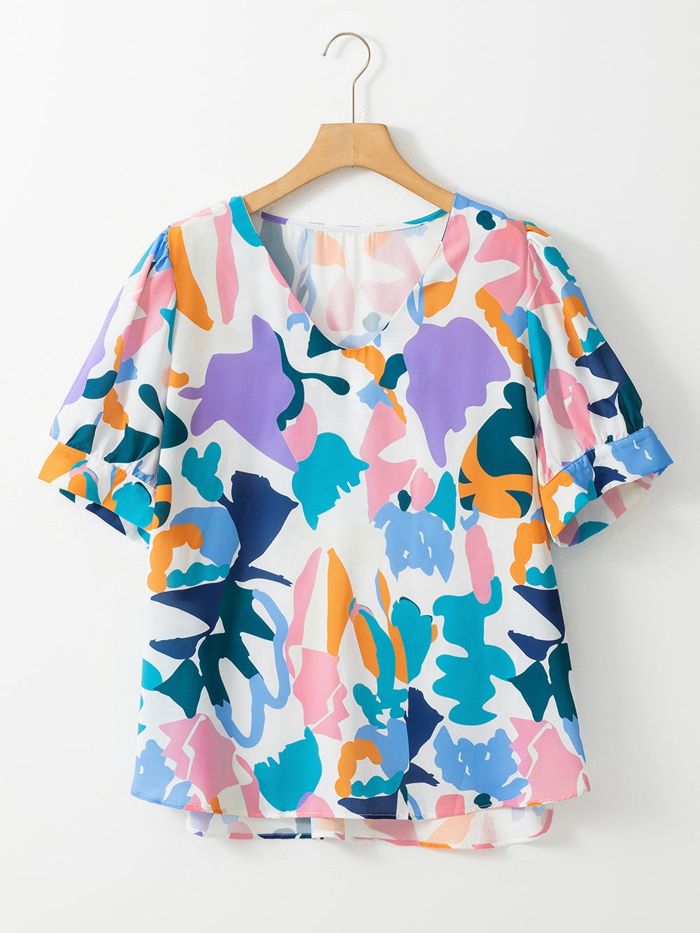 Sky Blue Geometric Print Puff Sleeve V Neck Top for Curvy Fashionistas