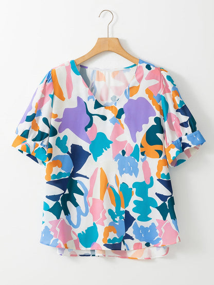 Sky Blue Geometric Print Puff Sleeve V Neck Top for Curvy Fashionistas