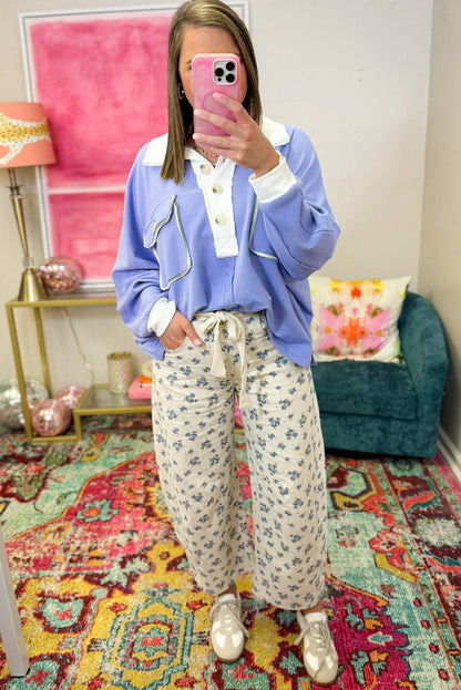 Lilac Flap Pocket Color Block Patchwork Collar Half Button Long Sleeve Top