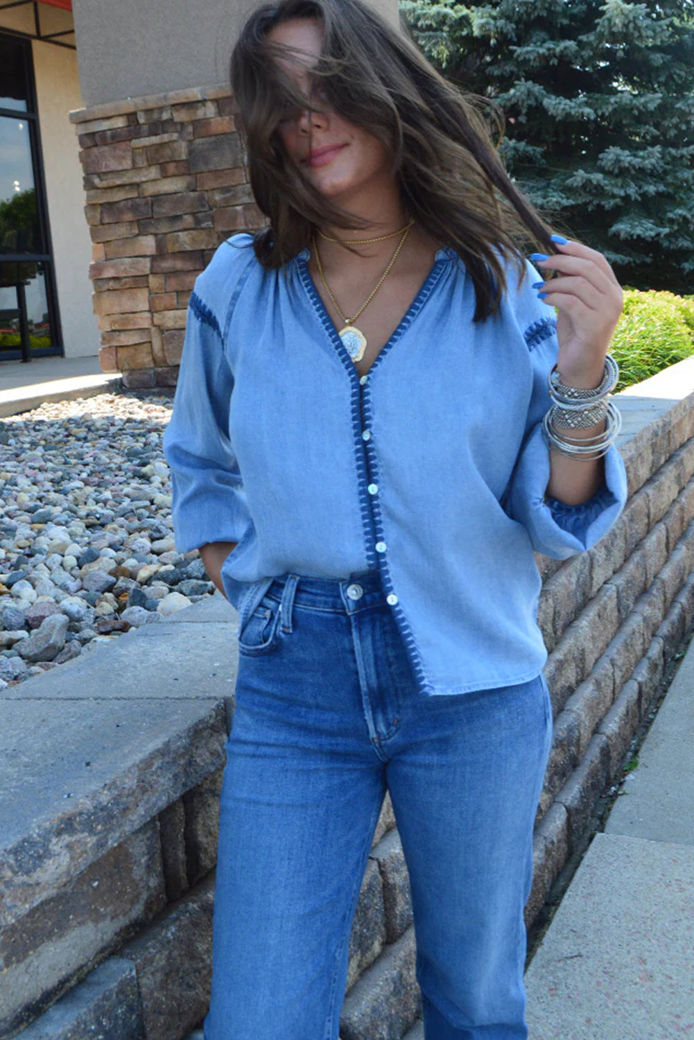 Beau Blue Stitched Detail V Neck Button Down Long Sleeve Chambray Shirt