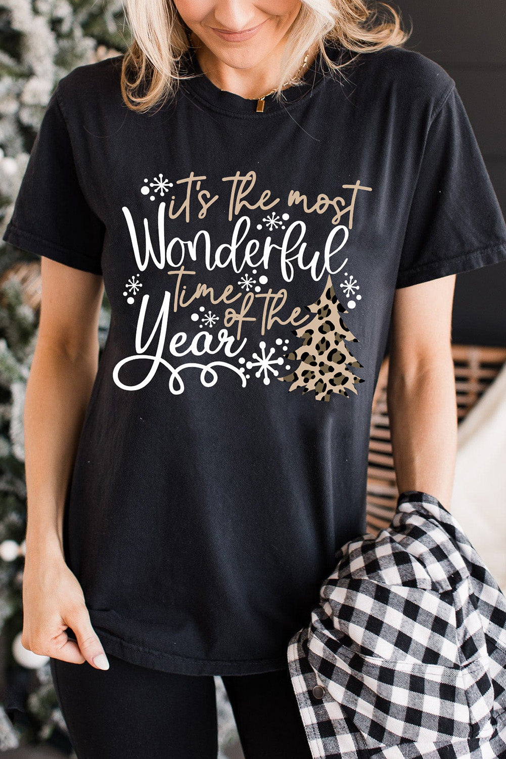 Festive Black Leopard Graphic Tee with Christmas Vibes