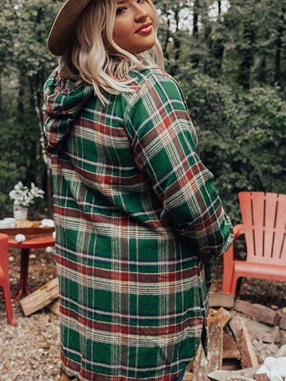 Green Plus Size Plaid Kangaroo Pocket Drawstring Hoodie