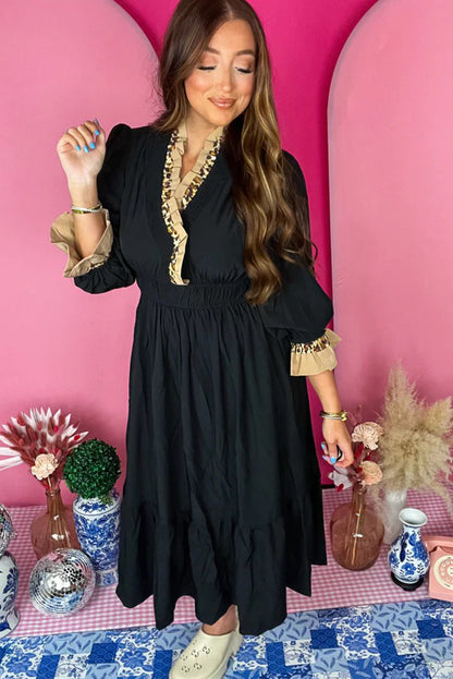 Black Contrast Frilled Trim V Neck 3/4 Ruffled Sleeve Flowy Midi Dress