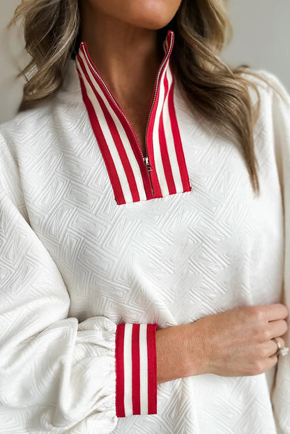 White Textured Knit Contrast Striped Accent Zipped Collar Pullover Top