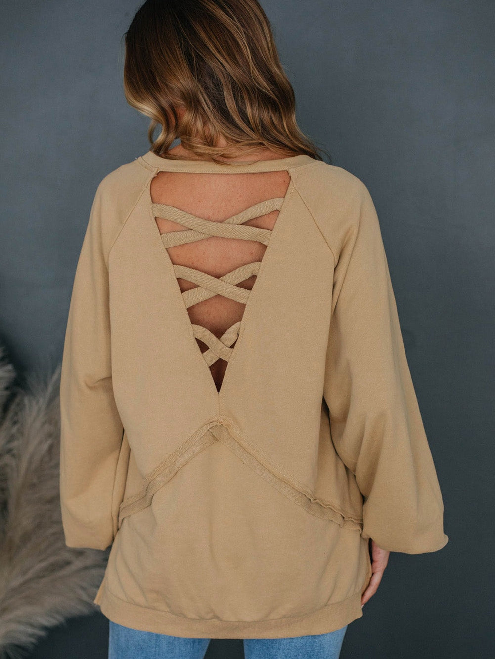 French Beige Lattice Hollow Out Back Sweatshirt for Casual Chic Comfort