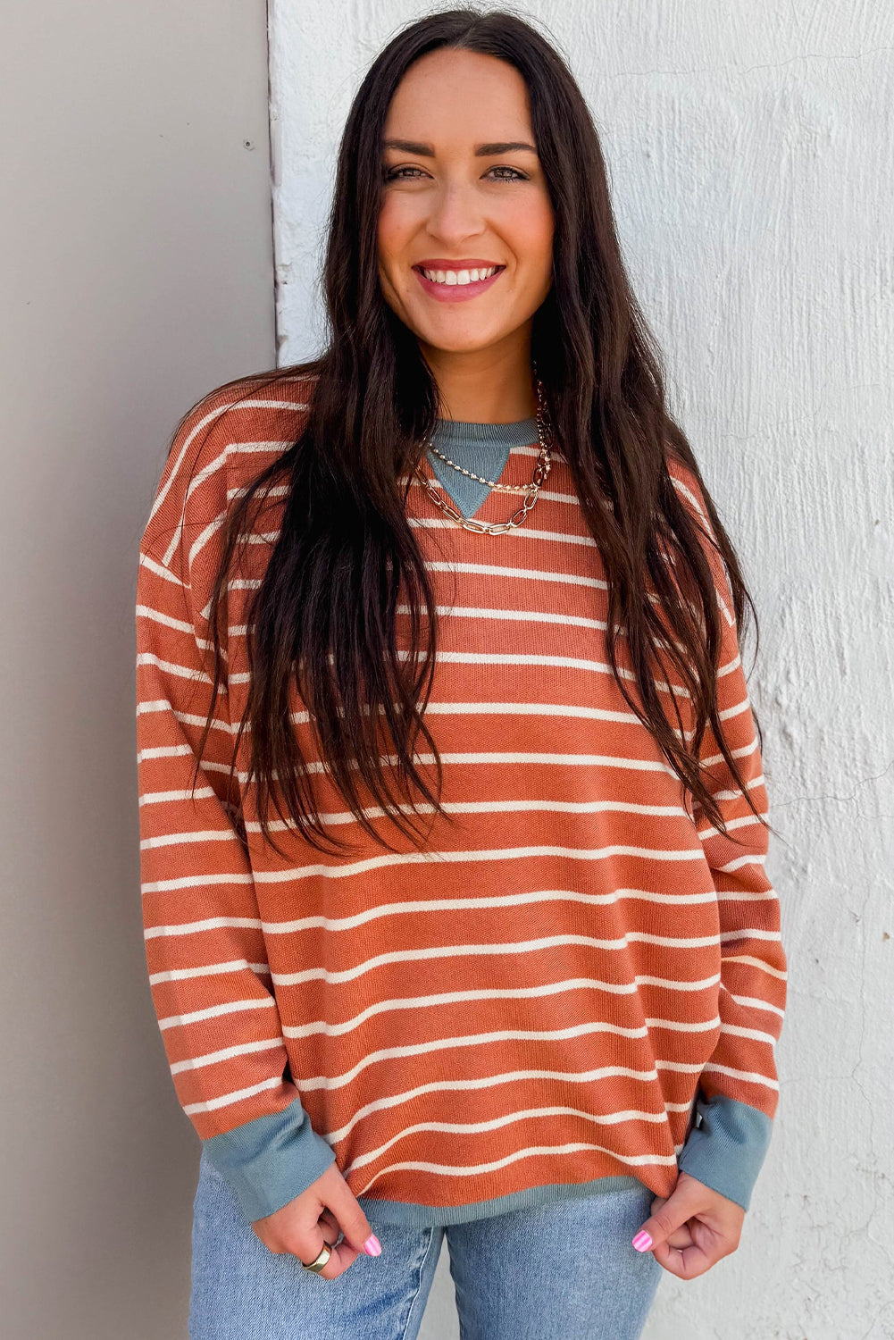 Orange Stripe Ribbed Color Block Detail Drop Shoulder Sweater