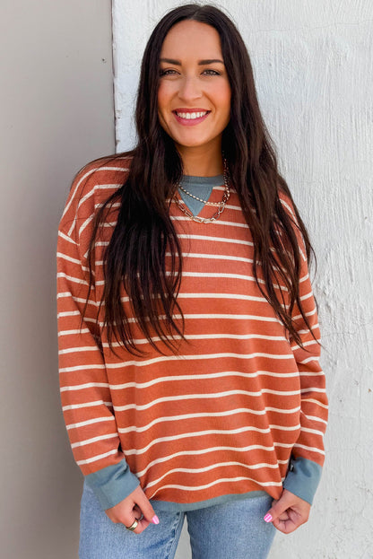 Orange Stripe Ribbed Color Block Detail Drop Shoulder Sweater