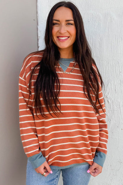 Orange Stripe Ribbed Color Block Detail Drop Shoulder Sweater